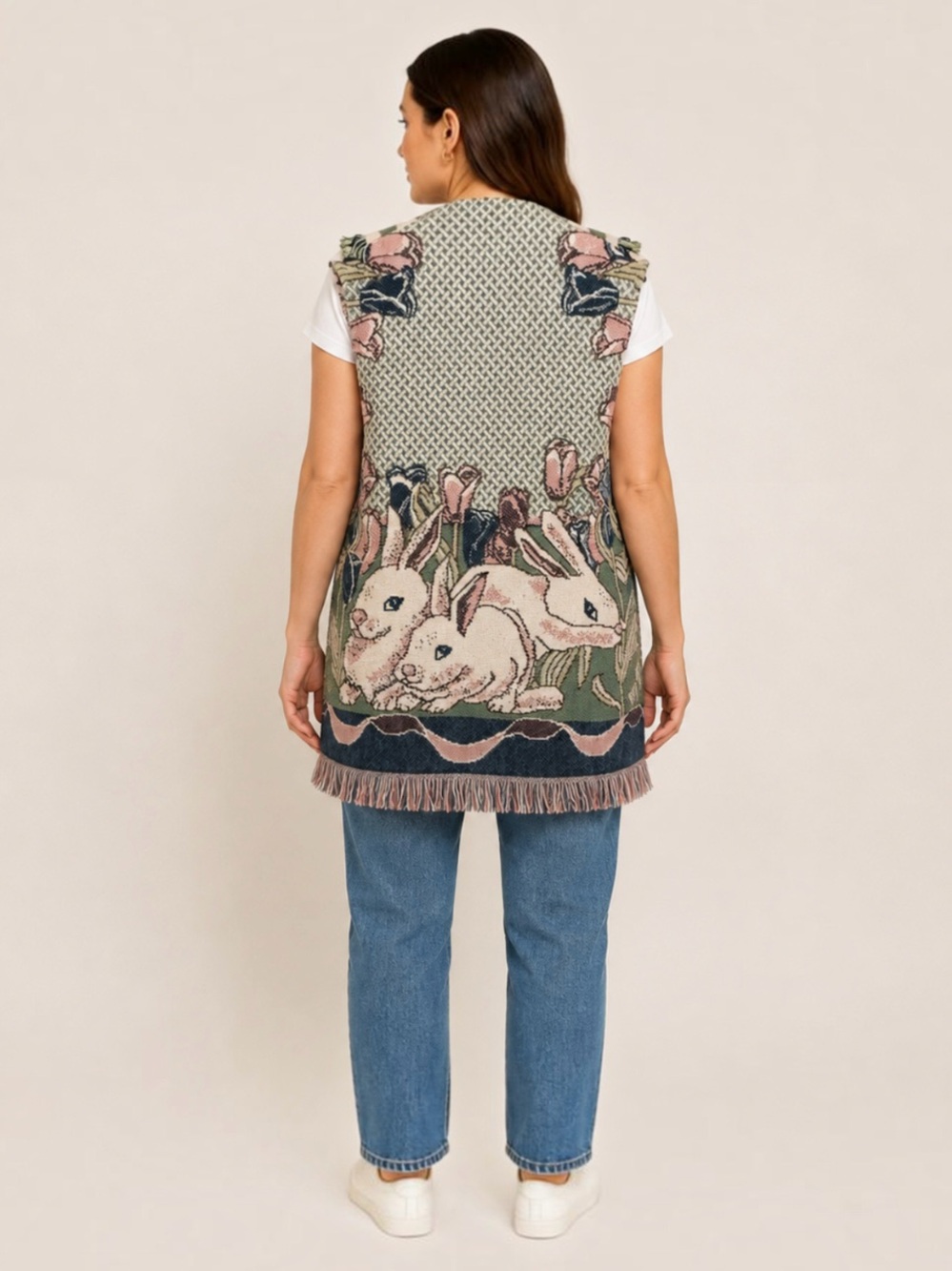 Sugar Street Weavers Rabbit Tulip Tapestry Fringe Vest M Cottagecore Folk Art - Picture 3 of 16